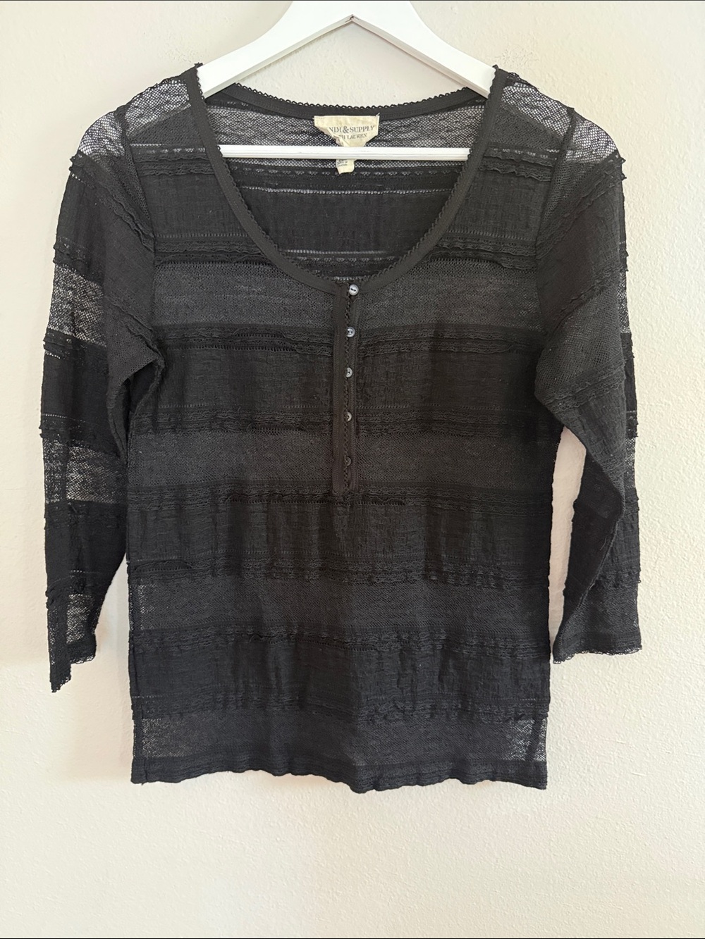 Denim & Supply Ralph Lauren Black Sheer Henley Knit Top [PH0877]